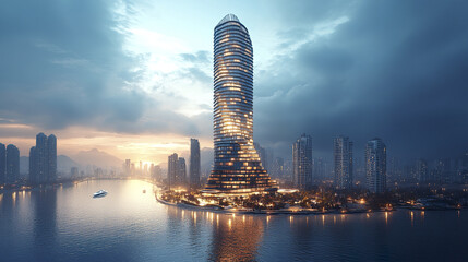 Modern architecture, high rise building, urban skyline, waterfront view, evening light