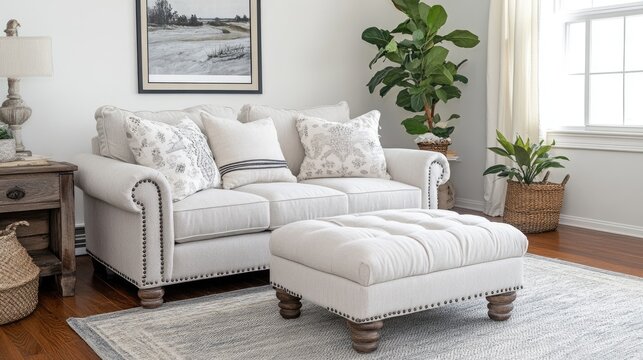 Sturdy armchair in a living room corner with lumbar pillows and footrest