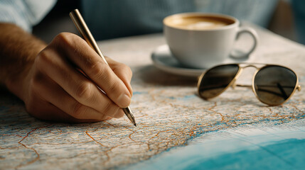 Planning a road trip with a paper atlas and coffee