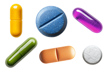 Set of pills isolated on transparent background. Generative AI	