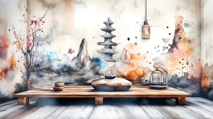 tranquil zen meditation space poster: embrace calm with soothing colors and natural materials for relaxation in your home or yoga studio