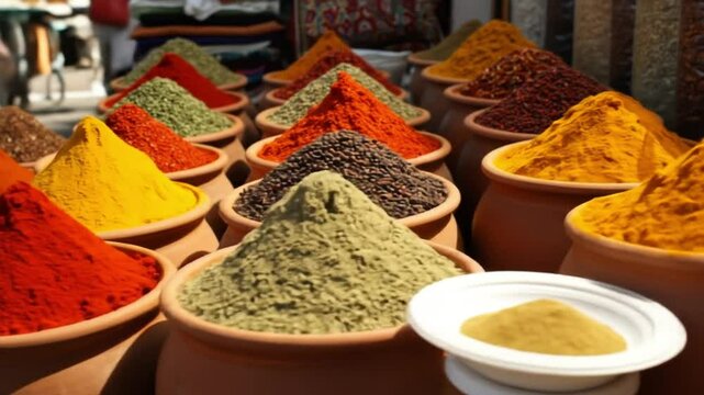 Assorted spices in clay pots displayed in rows with vibrant colors and textures in a market setting