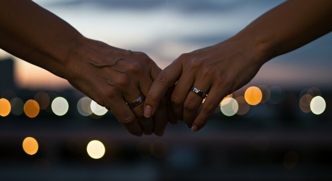 Close-up of a couple holding hands with wedding rings, symbolizing love and commitment. Romantic scene with bokeh city lights in the background at dusk.
