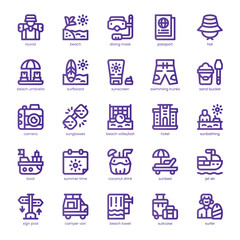 Beach Vacation Icon pack for your website, mobile, presentation, and logo design. Beach Vacation Icon line basic color design. Vector graphics illustration and editable stroke.