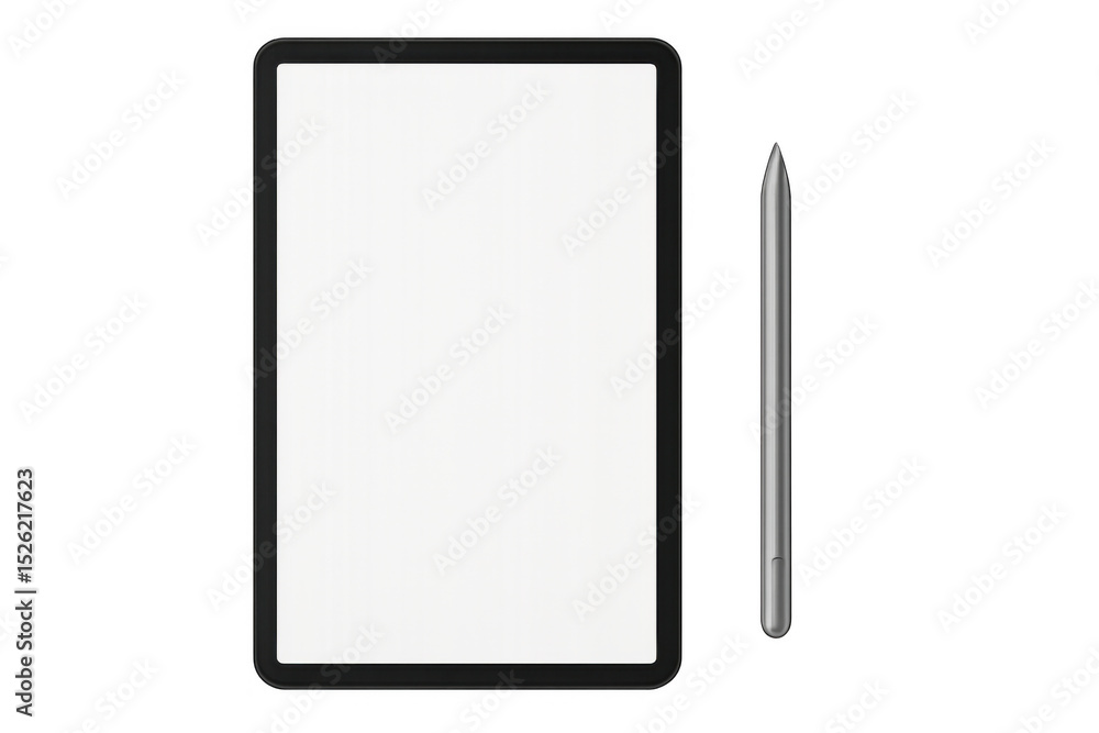 Poster black tablet computer with stylus pen on transparent background displaying blank white screen, perfe
