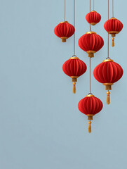 Obraz premium chinese new year background, red and gold lanterns hanging, soft gradient sky