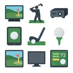 Golf simulator elements showing golfer, screen, golf ball, tablet and equipment icons