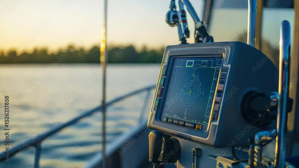 Poster a close-up of a boat navigation radar screen with a scenic water view at sunset.