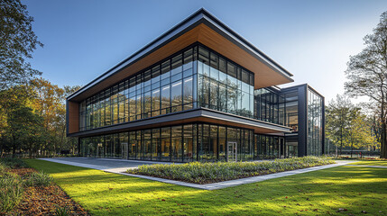Obraz premium Modern school building with large windows and green landscape, showcasing contemporary