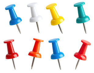 Colorful set of push pins arranged neatly, perfect for office supplies and organization, ideal for bulletins, notes, and creative projects isolate on transparent background