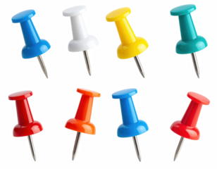 Colorful set of push pins arranged neatly, perfect for office supplies and organization, ideal for bulletins, notes, and creative projects isolate on transparent background
