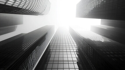 Modern skyscrapers create striking silhouette against bright sky, evoking sense of awe