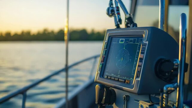 A close-up of a boat navigation radar screen with a scenic water view at sunset.