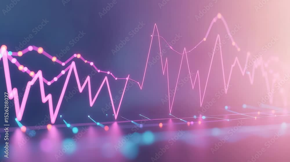 Poster A glowing pink line graph with data points and abstract lights represents financial or statistical analysis.