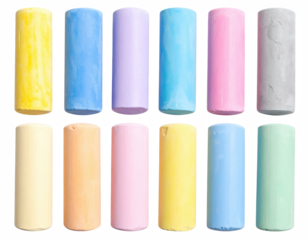 A bunch of pastel colored chalks arranged together showcasing their soft hues and textures perfect for artistic creations and projects isolate on transparent background