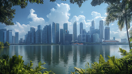 stunning view of modern skyscrapers reflecting in serene lake, surrounded by lush greenery
