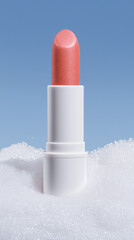 Close-up of a coral-toned lipstick in a white plastic tube, surrounded by soft glossy foam, direct flash creating dramatic shine and contrast, sun-kissed aesthetic with glowing surface, minimalist mut