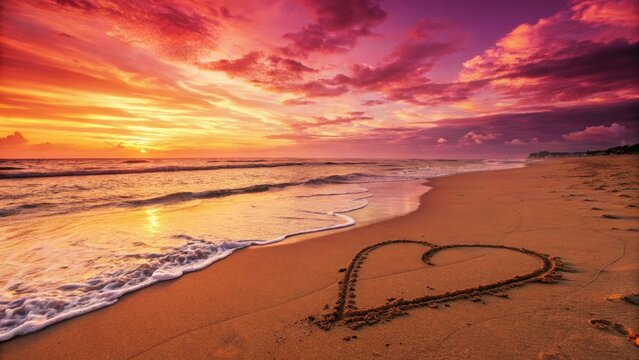 Heart on the Beach at Sunset: A romantic scene of a sandy beach, with a heart drawn in the sand, is kissed by the gentle waves under a colorful sunset sky, evoking feelings of serenity and love.