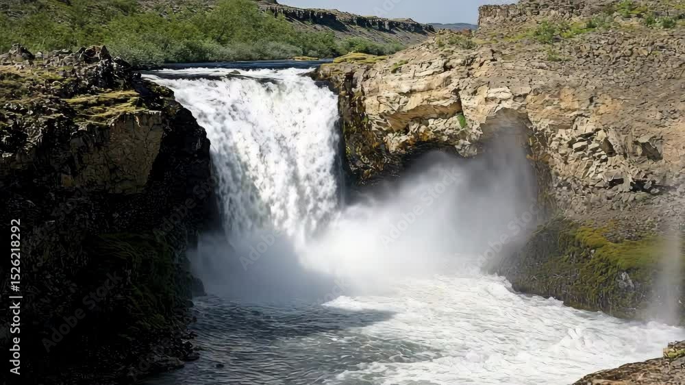 Poster A powerful waterfall cascades over rocky cliffs into a misty pool surrounded by rugged terrain and sparse greenery.