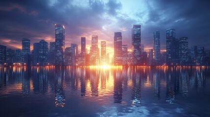 Fototapeta premium stunning skyline of modern skyscrapers reflecting water sunset, creating vibrant atmosphere