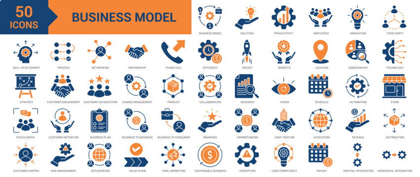 Business Model icon collection set. Containing strategy, solution, productivity, employee, innovation, third party, skill development, value chain, customer-centric, research icon. Simple flat vector