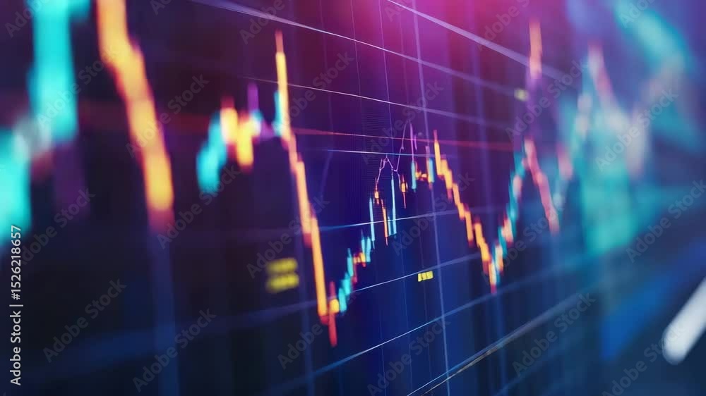 Poster A colorful digital display of financial stock market charts with fluctuating lines and data points.