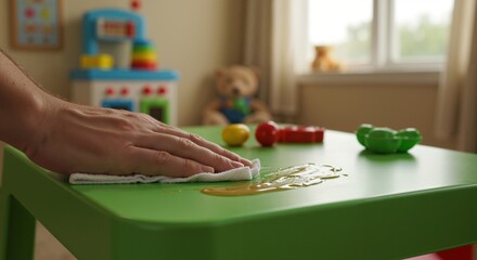 Fototapeta premium Close-up of an adult hand wiping a yellow liquid spill from a green children's table with a white cloth in a playroom. Cleaning up a mess in a kid's room.