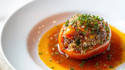 Stuffed tomato with quinoa on white plate garnished with fresh herbs and sauce