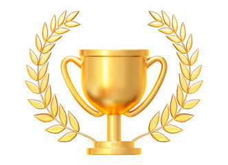 3d realistic golden trophy cup with gold laurel wreath. Stock vector illustration on isolated background.	