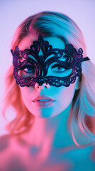 a beautiful blonde woman, 30 years old, wearing a detailed black Venetian mask