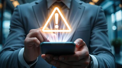 Man in business suit holding smartphone with glowing warning triangle icon, digital danger alert concept on dark background. Concept of cybersecurity and data risk - Powered by Adobe