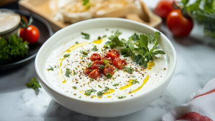Creamy yogurt soup with cherry tomatoes and mint garnish on marble surface.
