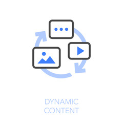 Simple visualised dynamic content icon symbol with process arrows and web or media content.