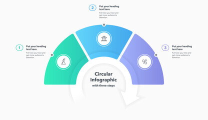 Circular infographic diagram divided into three steps. Flat design with minimalistic icons and place for your texts.