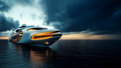 Futuristic cargo ship on calm ocean at sunset. Copy space
