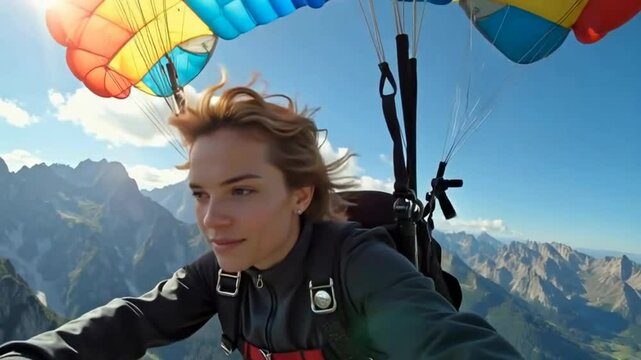 A person is paragliding above stunning mountains, enjoying the thrill of the aerial view with a bright, colorful parachute overhead.