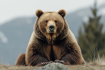Obraz premium A bear in its natural habitat, its thick fur, strong build, and intense gaze, set against a forest mountainous backdrop.