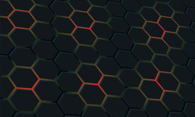 Fototapeta premium Dark hexagon abstract technology background with red and white bright flashes under the hexagon. Hexagon game vector technology illustration on black abstract background.Eps10