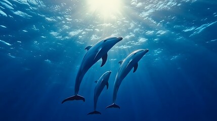 Dolphins Swimming Gracefully Underwater in Sunlit Ocean Environment