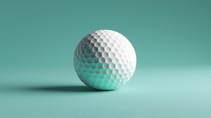 Detailed close-up of a white golf ball on a teal background