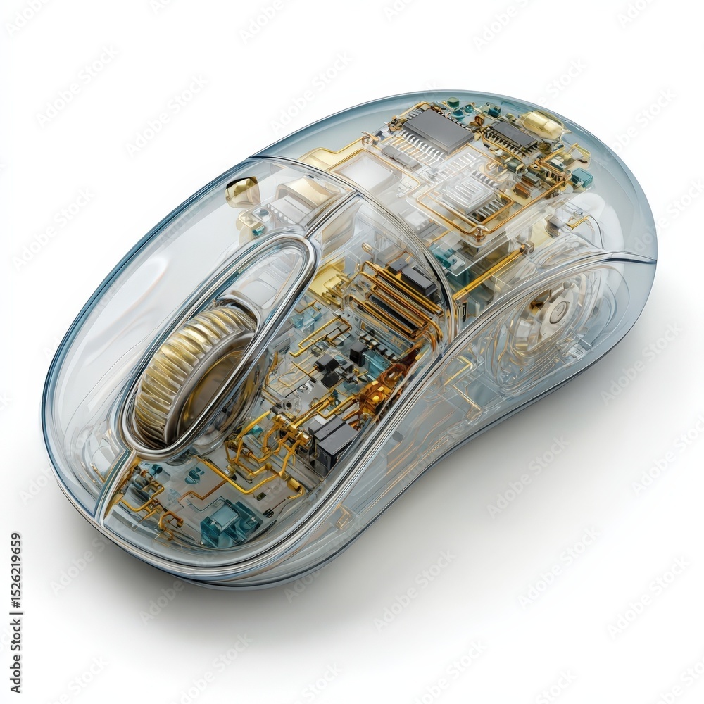 Poster transparent computer mouse internal mechanism detailed view high resolution 3d render