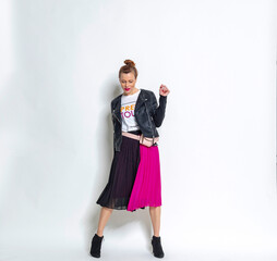 young woman in red dress and black leather jacket