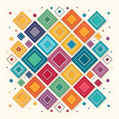 "Colorful abstract geometric pattern with layered diamonds and dots on a light background."

