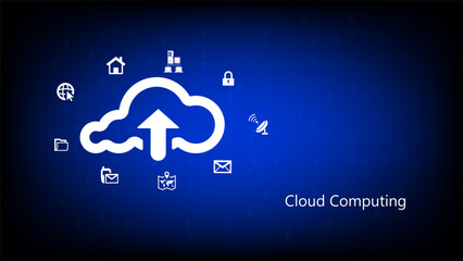 Cloud computing concept with upload icon and digital communication symbols on a blue tech background