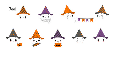 Fototapeta premium Collection of cute flat ghost in a party hats. Illustration on transparent background