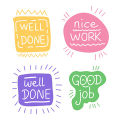 Set of Colorful Doodle Labels with Positive Feedback, Well Done, Nice Work, Good Job Handwritten Typography Vector