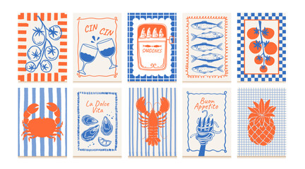 Vintage food posters. Kitchen frame banner. Food and drinks compositions with fruit, fish, wine, vegetables, sardines for cafe menu. La dolce vita decor. Vector retro set