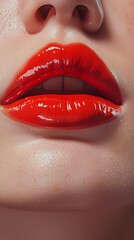 Obraz premium Glossy Red Lips Close-Up Featuring Smooth Skin Texture and Shine
