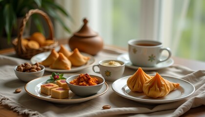 a close up of traditional eid dishes elegantly placed on a neutral toned linen cloth, showcasing colorful, sweet desserts, nuts, and fragrant tea
