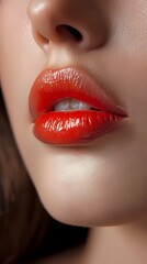 Fototapeta premium Close-Up of Luxurious Glossy Red Lips with Soft Skin Tone